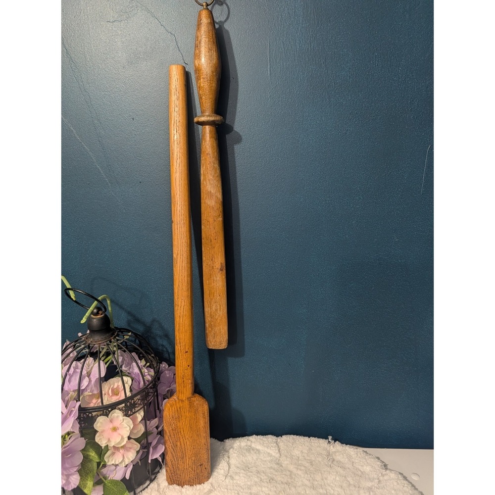 VTG Wooden Butter Paddle & Turned Stirring Stick Set - 2pc Rustic Farmhouse Lot
